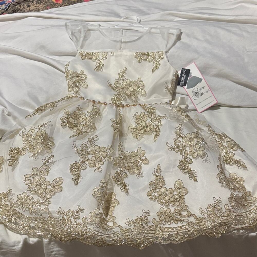 Rare Editions 7 Ivory Dress with Gold Embroidery on tulle very dressy nwt